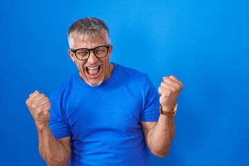 Naklejka premium Hispanic man with grey hair standing over blue background very happy and excited doing winner gesture with arms raised, smiling and screaming for success. celebration concept.