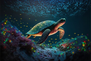 Obraz na płótnie Canvas Colorful illustration of a sea turtle swimming over coral reefs. Generative AI.