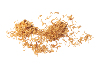 Instant Noodle fly explosion, yellow instant noodle float explode, abstract cloud fly. Curved dried instant noodles splash throwing in Air. White background Isolated high speed shutter, freeze motion