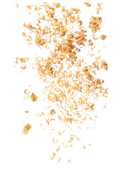 Instant Noodle fall down in group, yellow instant noodle float explode, abstract cloud fly. Curved dried instant noodles splash throwing in Air. White background Isolated high speed shutter