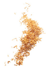 Instant Noodle fly explosion, yellow instant noodle float explode, abstract cloud fly. Curved dried...
