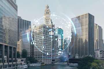 Panorama cityscape of Chicago downtown and Riverwalk, boardwalk with bridges at day time, Illinois, USA. Social media hologram. Concept of networking and establishing new people connections