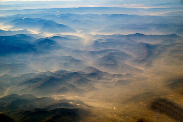 foggy mountains at sunrise. Mountain silhouettes, mountain ranges. Rize, Turkey