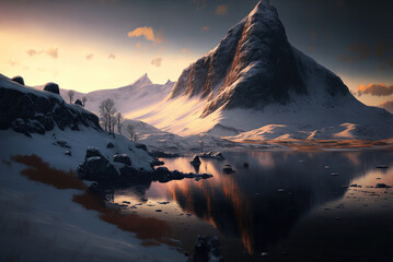 Beautiful sunset winter snowy mountain and lake  landscape, Travel postcard,2023 - obrazy, fototapety, plakaty
