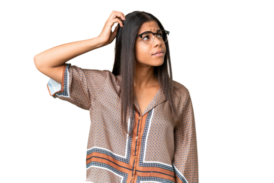 Young African American woman over isolated chroma key background having doubts while scratching head