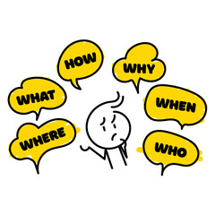 Question who, what, how, why, for what and where. Speech bubble with ask question and doodle stick man. illustration on white background. Speak english.