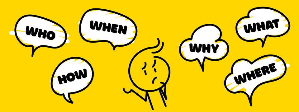 Question Who, What, How, Why, For What And Where. Speech Bubble With Ask Question And Doodle Stick Man. Illustration On Yellow Background. Speak English.