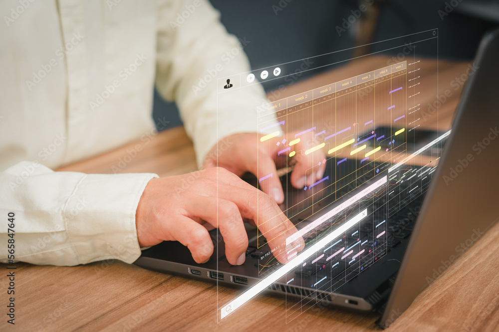 Poster Man working with technology computer in Business Analytics and Data Management System to make report with KPI and metrics connected to database. Corporate strategy for operations, planing, marketing.