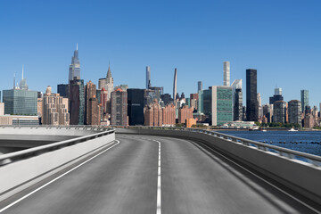 Obraz na płótnie Canvas Empty urban asphalt road exterior with city buildings background. New modern highway concrete construction. Concept of way to success. Transportation logistic industry fast delivery. New York. USA.