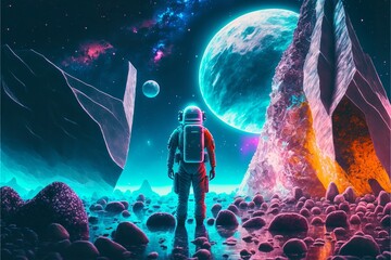 Astronaut on alien planet. Generative AI.