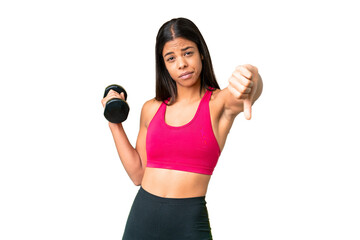 Young African American woman sport woman making weightlifting over isolated chroma key background showing thumb down with negative expression