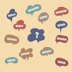 Colorful question marks with Who-what-where-when-why-how text. Investigate and solve questions. Problem solving - Brainstorming. Speak english illustration.