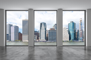 Fototapeta na wymiar Downtown New York City Lower Manhattan Skyline Buildings. High Floor Window. Beautiful Expensive Real Estate. Empty room Interior Skyscrapers View Cityscape. Financial district. Day. 3d rendering.