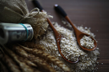 The concept of the cost of grain. 5000 ruble banknotes around a handful of ground grain. World...