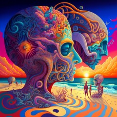 An illustration of beach party in psychedelic style. Colorful background. Fit for poster, banner, wallpaper, merchandise, apparel, backdrop, ads.