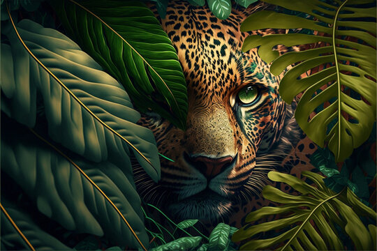 Leopard In The Rainforest, Jungle Animal Illustration, Closeup