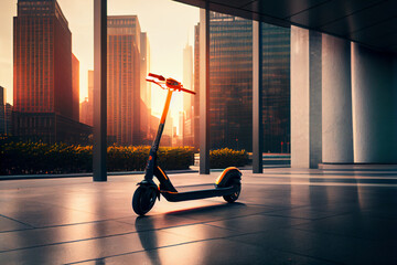 E-Scooter im Sonnenuntergang in einer Stadt - Generative Ai 