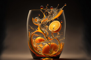 Orange juice glass. Juice splashes. Refreshig fruits concept. Liquid fruits. Generative AI.