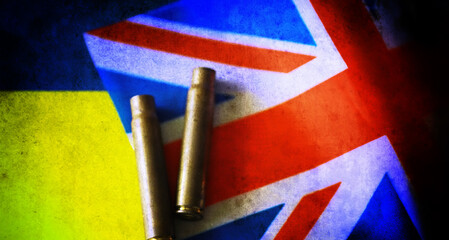 Help of Great Britain to Ukraine in the military conflict. British and Ukrainian flags. Western...