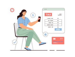 Online tax payment. Government taxation concept. Tax calculation, making income tax return. Personal financial account. Woman pay tax bill online on the website form. Cartoon flat vector illustration.