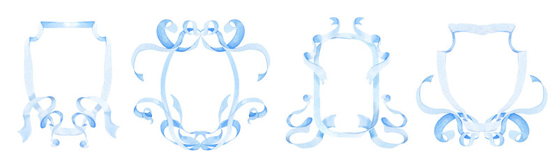 Collection of watercolor holiday ribbons and bows. Ribbon frames. Pink and blue ribbons for postcards, wedding invitations. Decor for a children's holiday. Pink and blue frames