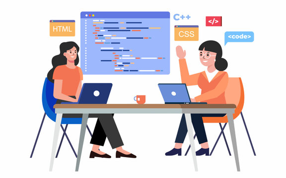 Developers team writing program code, programming and development process concept.