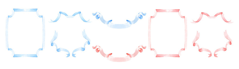 Collection of watercolor holiday ribbons and bows. Ribbon frames. Pink and blue ribbons for postcards, wedding invitations. Decor for a children's holiday. Pink and blue frames © Yevheniia Poli