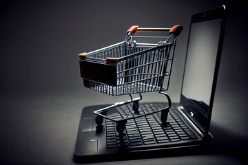 Online Shop Konzept : Einkaufswagen auf Laptop - Generative Ai