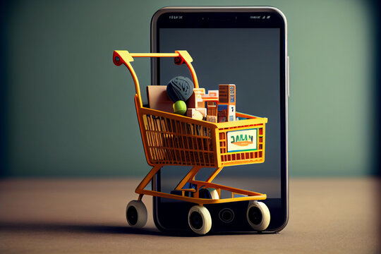 Online Shop Konzept : Einkaufswagen mit smartphone - Generative Ai