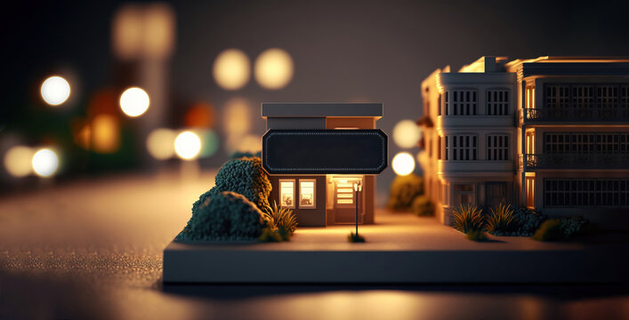 small shop with empty mockup sign openning late at night with copyspace area