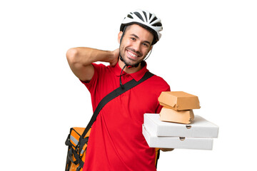 Young handsome caucasian man with thermal backpack and holding takeaway food over isolated background laughing