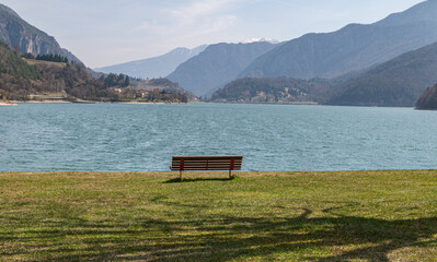 Naklejka na ściany i meble Ledro Lake in Ledro valley. Spring landscape. Trento province, Trentino Alto-Adige, Italy, Europe
