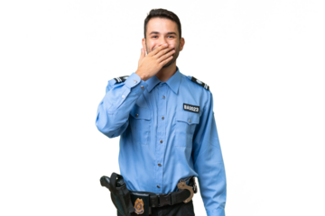 Young police caucasian man over isolated background happy and smiling covering mouth with hand