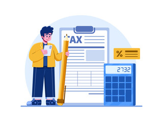 Illustration of person filing a tax form and also calculating taxes.
Filling Tax Documents.
Financial Tax documents forms and calculations.
Can be used for web, landing page, infographic, apps, etc