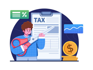 Tax deduction illustration with a person holding scissors.
People with scissors cutting taxes.
Businessman cuts heavy taxes with scissors.
Suitable for web, apps, infographic, presentation, etc.