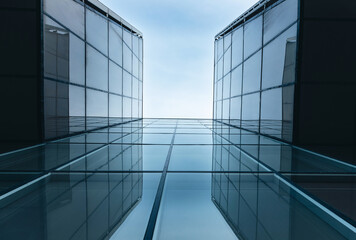 A look at a modern glass skyscraper in the city center. Finance center