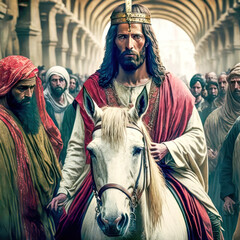 Obraz premium Palmsonntag Jesus der Messias Prozession durch Jerusalem Digital Art Abstrakte Illustration Generative AI Hintergrund Background Cover