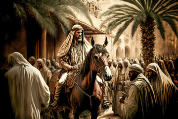Palmsonntag Jesus der Messias Prozession durch Jerusalem Digital Art Abstrakte Illustration Generative AI Hintergrund Background Cover