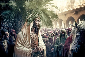 Naklejka premium Palmsonntag Jesus der Messias Prozession durch Jerusalem Digital Art Abstrakte Illustration Generative AI Hintergrund Background Cover
