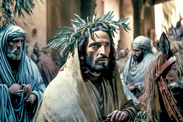 Naklejka premium Palmsonntag Jesus der Messias Prozession durch Jerusalem Digital Art Abstrakte Illustration Generative AI Hintergrund Background Cover