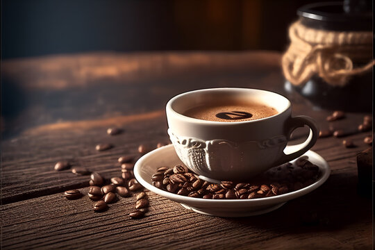 Espresso Coffee Cup With Beans On Vintage Table. Generative AI.