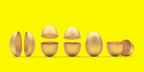 Row of broken and whole eggshells on a yellow background. 3D illustration
