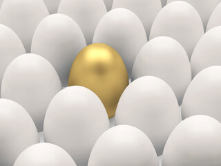 One golden egg in a tray of white eggs. 3D illustration