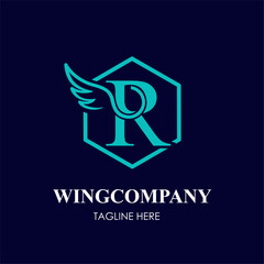 Initial R Letter with Wing Bird in Line Art Style Logo Idea Template
