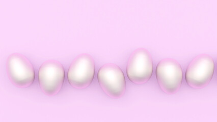 Mother-of-pearl silver Easter eggs or pearls on pink with space for text. 3d illustration