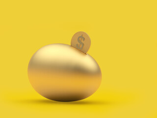 Golden egg piggy bank with a dollar coin on a yellow background. 3D illustration