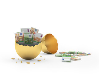 Euro banknotes in a golden broken egg. 3D illustration