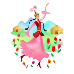 Kazakh girl dancing at the Nauryz holiday against the background of tulips, mountains and yurts. Vector
