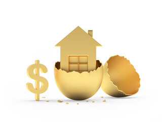 Golden house in a broken egg with a dollar sign next to it. 3d illustration