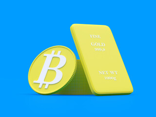 Cartoon gold bar and bitcoin on a blue background. 3D illustration